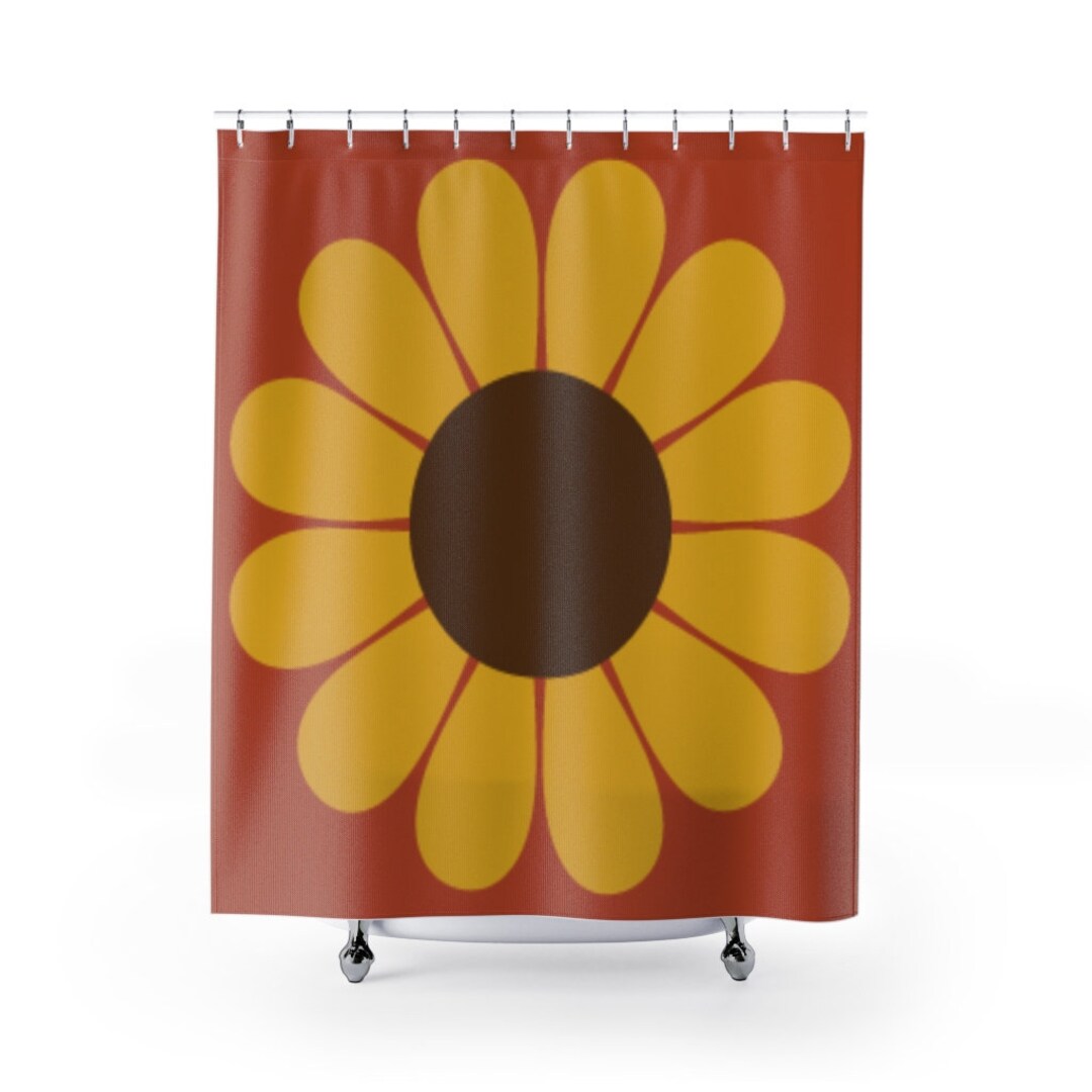 Sunflower Shower Curtain, Burnt Orange Gold and Brown Retro Floral Boho Shower Curtain, Retro Bathroom Decor