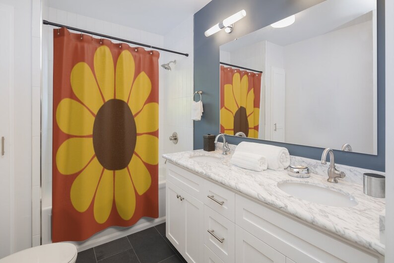 Sunflower Shower Curtain, Burnt Orange Gold and Brown Retro Floral Boho Shower Curtain, Retro Bathroom Decor - Image 2