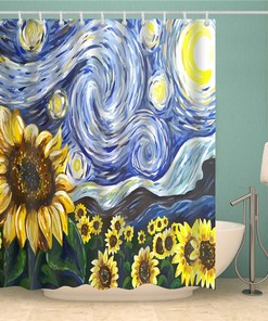 Sunflower Starry Night Shower Curtain, Van Gogh Famous Dutch Painter Oil Painting Blue Bathroom Curtain, Home Bath Art Decor