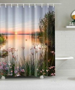 Sunrise By The Lake Shower Curtain, Scenic Morning Landscape Accessories, Bath Curtain