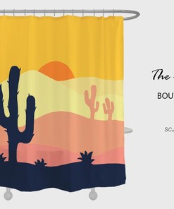Sunset Forest Cactus Shower Curtain, Orange Scenery Extra Thick Curtains, Waterproof Washable Shower Curtain