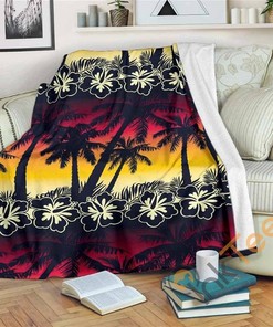 Sunset Hibiscus Palm Tree Pattern Sherpa Fleece Blanket Gifts for Family, for Couple