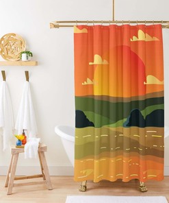 Sunset In The Valley Shower Curtain, Scenic Landscape Nature Pattern Fabric Bathroom Curtain, Home Bathroom Set Decor