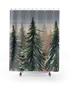 Sunset Woods Pine Trees Shower Curtain, Bath Curtain Home Decor, Camping, Lake House Decoration