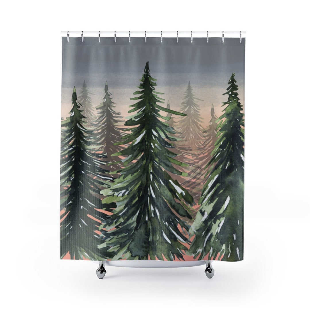 Sunset Woods Pine Trees Shower Curtain, Bath Curtain Home Decor, Camping, Lake House Decoration