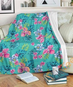 Teal Aloha Tropical Pattern Sherpa Fleece Blanket Gifts for Family, for Couple