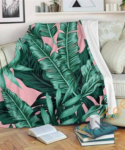 Teal Banana Leaves Pattern Sherpa Fleece Blanket Gifts for Family, for Couple