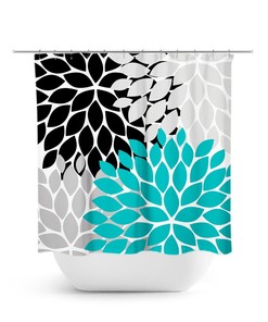 Teal Black Gray Shower Curtain, Floral Bath Curtain, Turquoise Bathroom, Fabric Shower Curtain, Girls Bathroom Decor