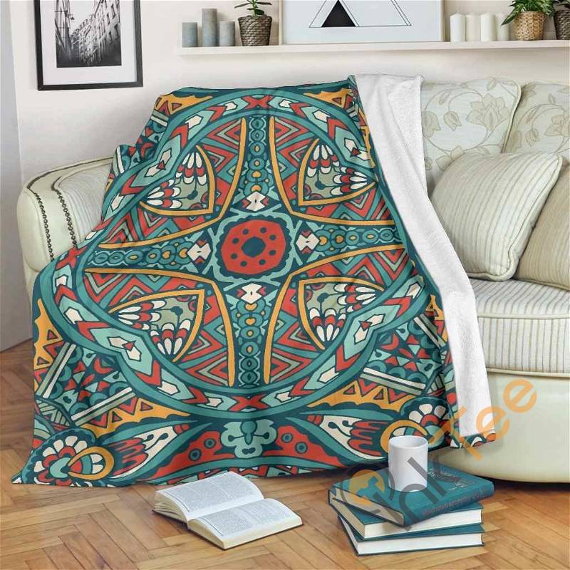 Teal Bohemian Mandala Pattern Sherpa Fleece Blanket Gifts for Family, for Couple