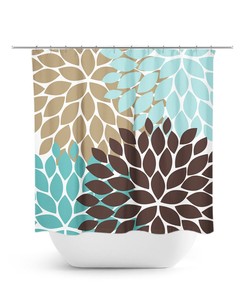 Teal Brown Beige Shower Curtain, Floral Bath Curtain, Aqua Bathroom, Fabric Shower Curtain, Girls Bathroom Decor, Brown Bathroom