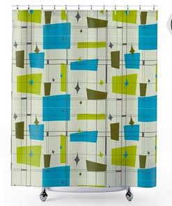 Teal & Green Mid Century Geometric Abstract Shower Curtain MCM, Mid Century Modern Décor, Franciscan Squares, Retro Design