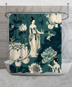 Teal Green Oriental Pattern Shower Curtains, Women And Lotus Flowers Shower Curtain, Exotic Floral Decor, Asian Inspired Bathroom