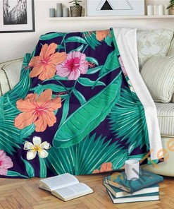 Teal Hawaiian Leaf Flower Pattern Sherpa Fleece Blanket Gifts for Family, for Couple