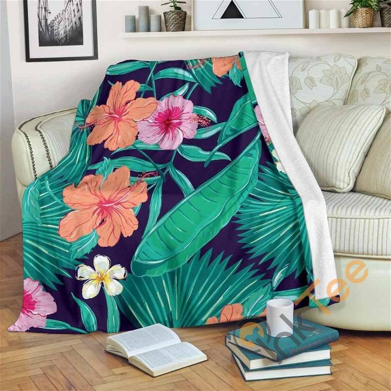 Teal Hawaiian Leaf Flower Pattern Sherpa Fleece Blanket Gifts for Family, for Couple
