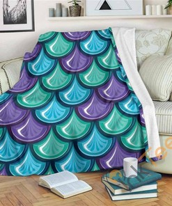 Teal Mermaid Scales Pattern Sherpa Fleece Blanket Gifts for Family, for Couple