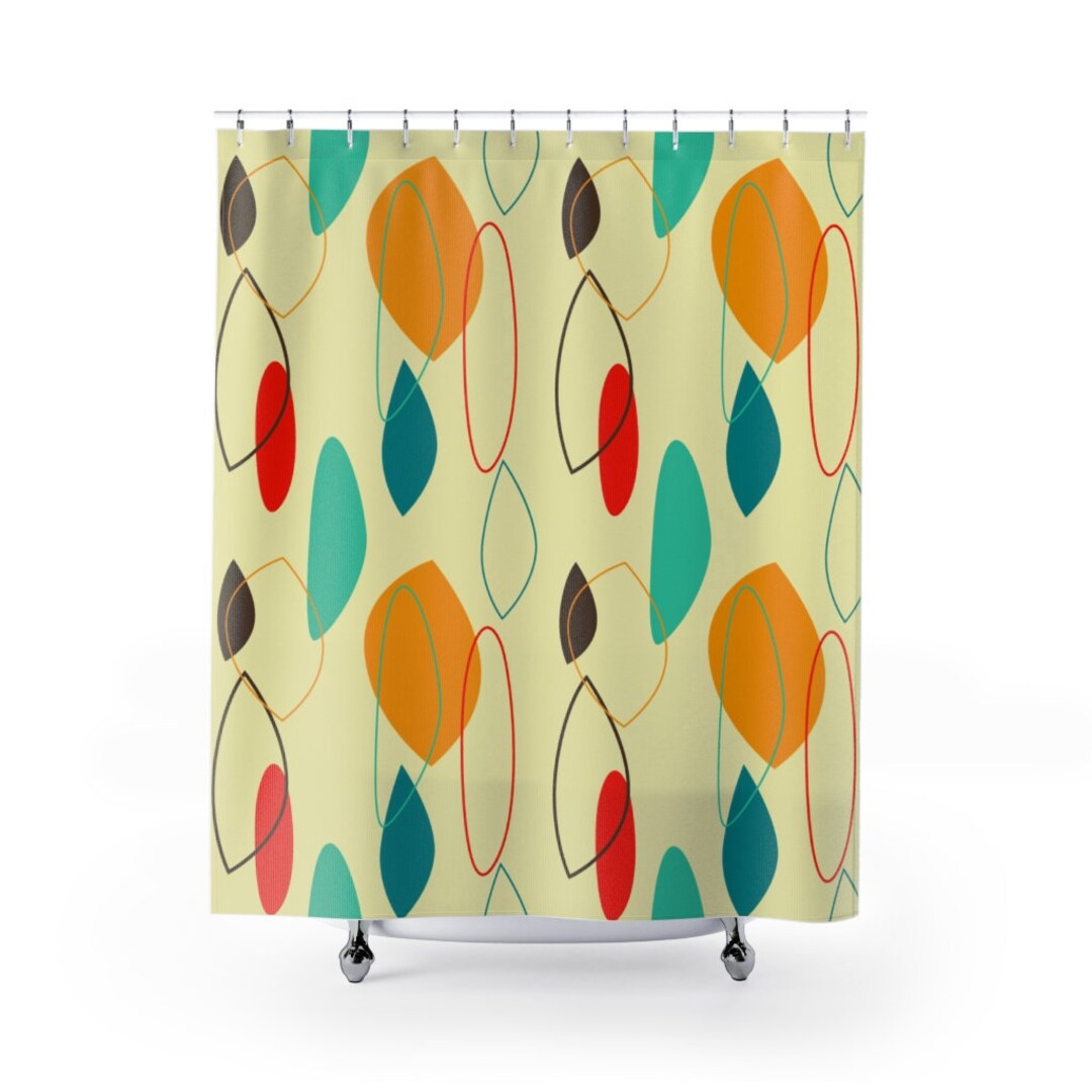 Teal Mustard And Cream Mid Century Modern Shower Curtain for 5 or 6 Retro Atomic Age Bathroom Decor