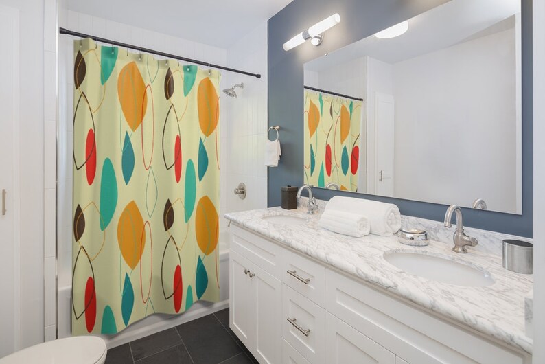 Teal Mustard And Cream Mid Century Modern Shower Curtain for 5 or 6 Retro Atomic Age Bathroom Decor - Image 3