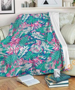 Teal Pink Blossom Tropical Pattern Sherpa Fleece Blanket Gifts for Family, for Couple