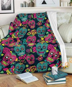 Teal Pink Sugar Skull Pattern Sherpa Fleece Blanket Gifts for Family, for Couple