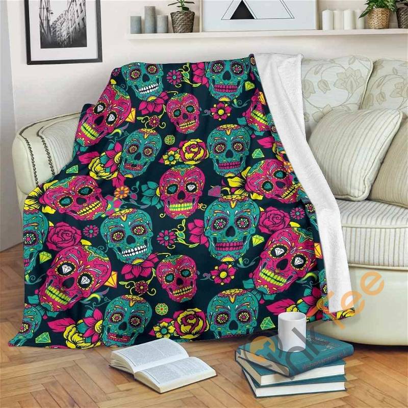 Teal Pink Sugar Skull Pattern Sherpa Fleece Blanket Gifts for Family, for Couple