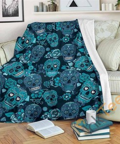 Teal Sugar Skull Flower Pattern Sherpa Fleece Blanket Gifts for Family, for Couple