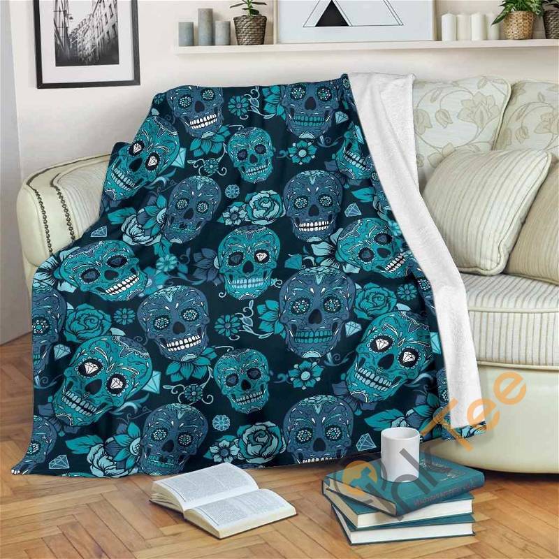 Teal Sugar Skull Flower Pattern Sherpa Fleece Blanket Gifts for Family, for Couple