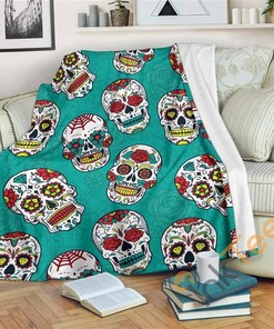 Teal Sugar Skull Pattern Sherpa Fleece Blanket Gifts for Family, for Couple