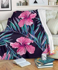 Teal Tropical Hibiscus Pattern Sherpa Fleece Blanket Gifts for Family, for Couple