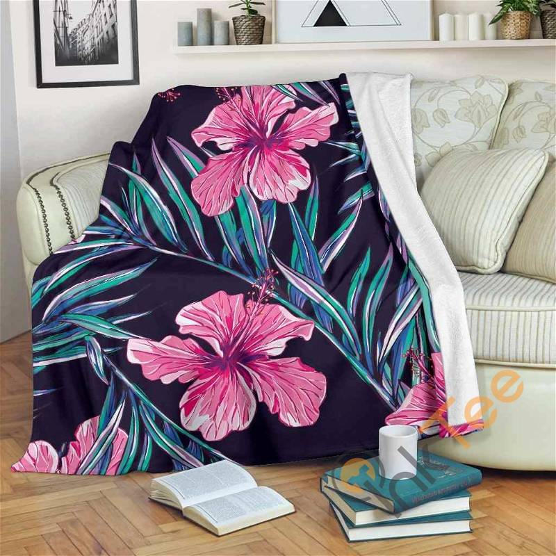 Teal Tropical Hibiscus Pattern Sherpa Fleece Blanket Gifts for Family, for Couple