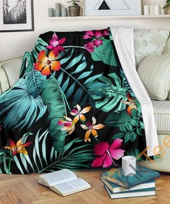 Teal Tropical Leaf Hawaii Pattern Sherpa Fleece Blanket Gifts for Family, for Couple