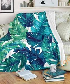 Teal Tropical Leaf Pattern Sherpa Fleece Blanket Gifts for Family, for Couple