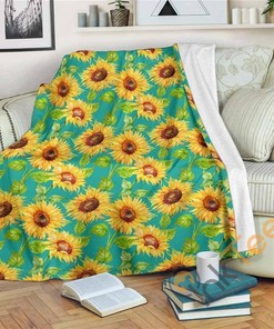 Teal Watercolor Sunflower Sherpa Blanket Fleece Blanket Gifts for Fans