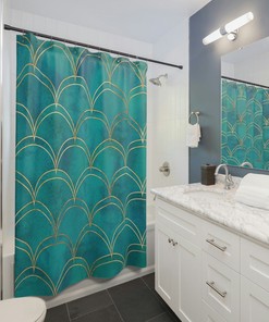 Teal and Gold Mermaid Scales Shower Curtain, Ocean Theme Shower Curtain, Beach House Bathroom, Modern Coastal Bathroom Teal Shower Curtain