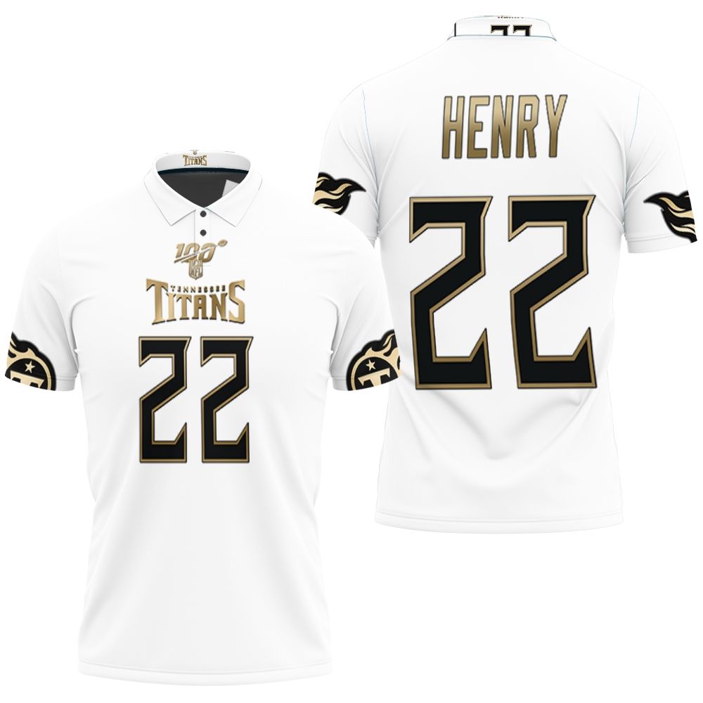 Tennessee Titans Derrick Henry #22 Nfl Great Player White 100th Season Golden Edition Jersey Style Polo Shirt