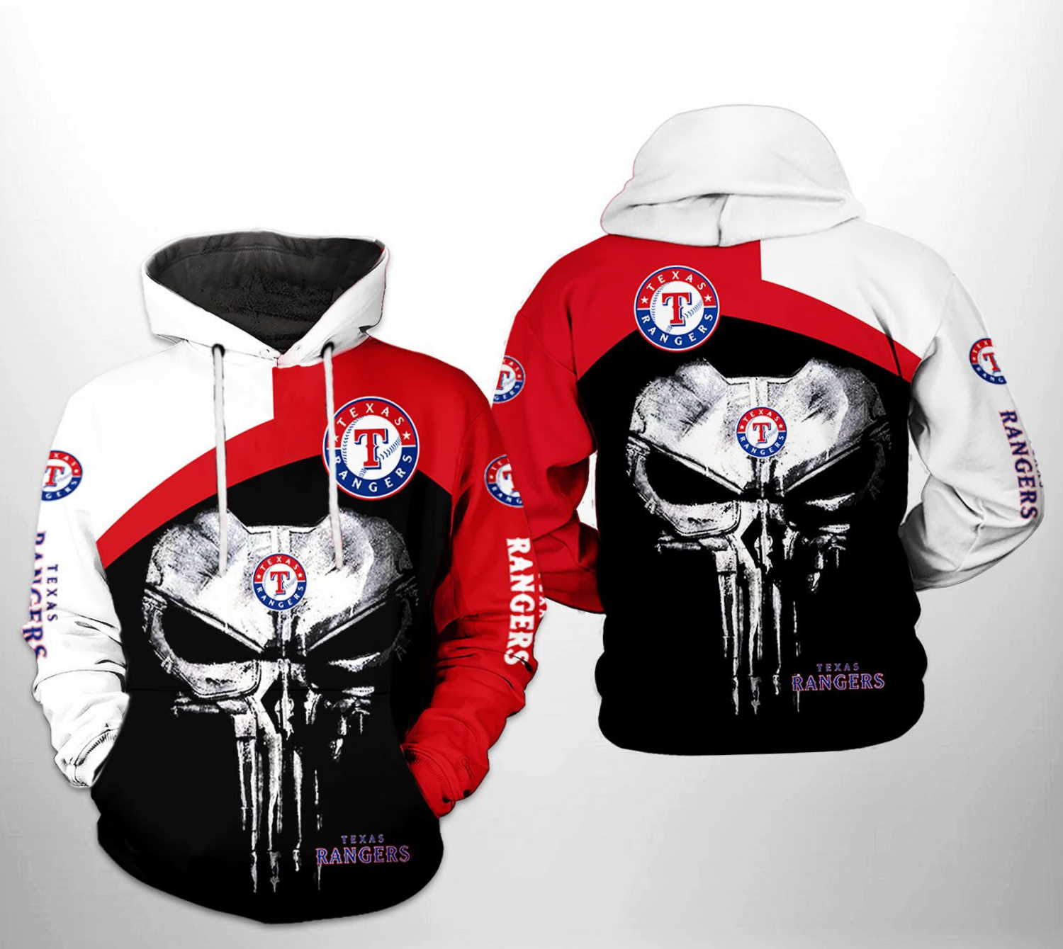 Texas Rangers MLB Skull Punisher 3D Hoodie Zipper Hoodie