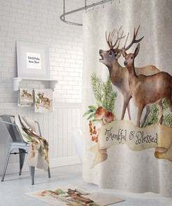 Thankful and Blessed Shower Curtain Woodland Deer, Optional Bath Mat Bathroom
