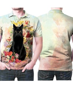 The Gorgeous Black Cat Floral Pattern 3D All Over Print Polo Shirt