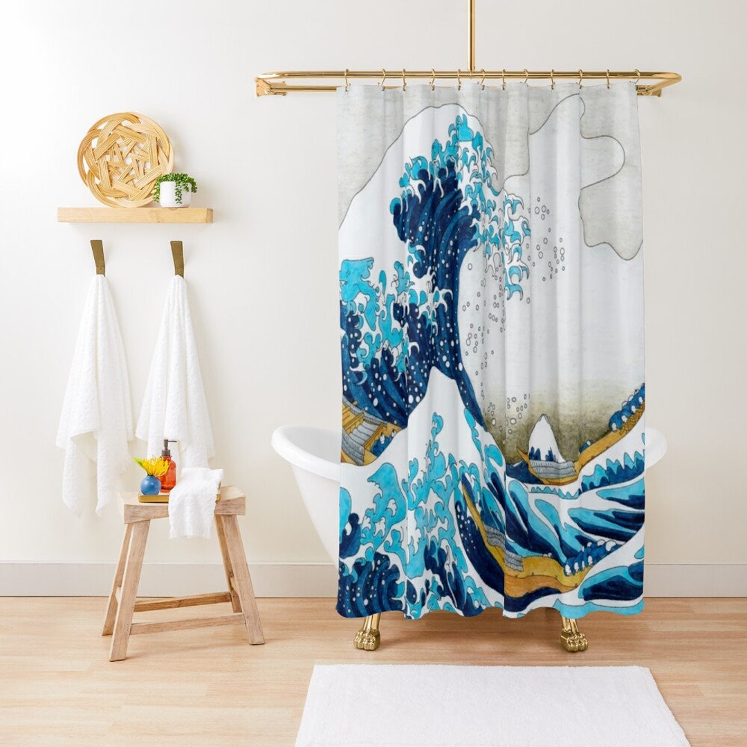 The Great Wave Shower Curtain Vintage Eco-Friendly Waterproof Japanese Decor Great Wave Of Kanagawa Recycled Material