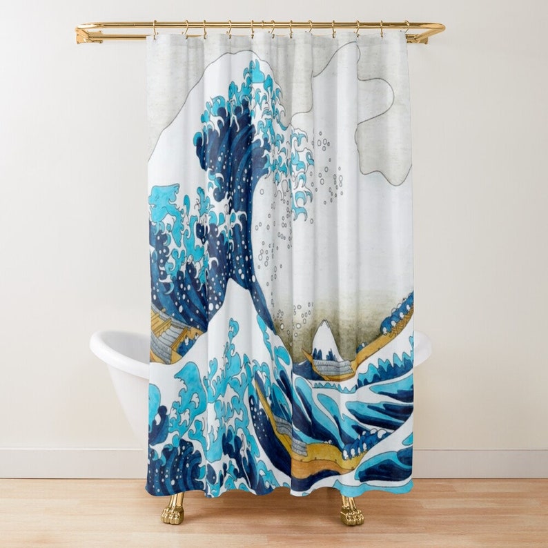 The Great Wave Shower Curtain Vintage Eco-Friendly Waterproof Japanese Decor Great Wave Of Kanagawa Recycled Material - Image 2