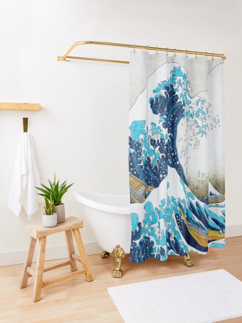 The Great Wave Shower Curtain Vintage Eco-Friendly Waterproof Japanese Decor Great Wave Of Kanagawa Recycled Material - Image 3