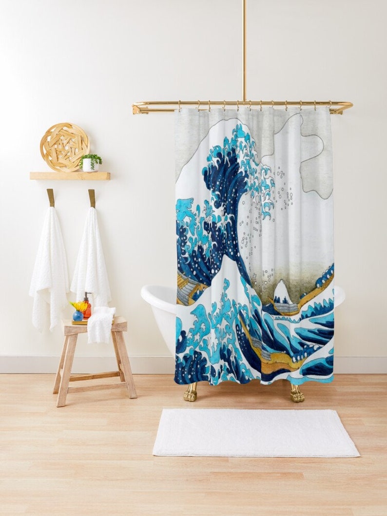 The Great Wave Shower Curtain Vintage Eco-Friendly Waterproof Japanese Decor Great Wave Of Kanagawa Recycled Material - Image 4