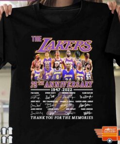 The Lakers Team 75Th Anniversary 1947 2022 Signatures Thank You For The Memories T-Shirt