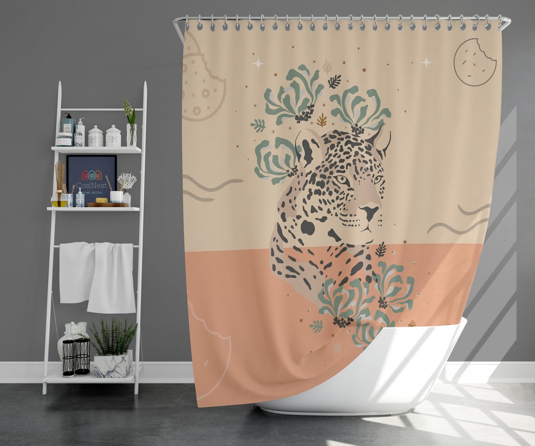Tiger Forest Shower Curtain, Botanical Wildlife Animal Floral Green Leaves