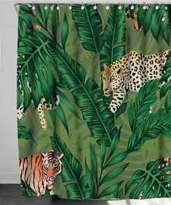 Tiger In The Forest Shower Curtain, Botanical Wildlife Animal Banana Palm Leaves Jungle, Home Bath Decor
