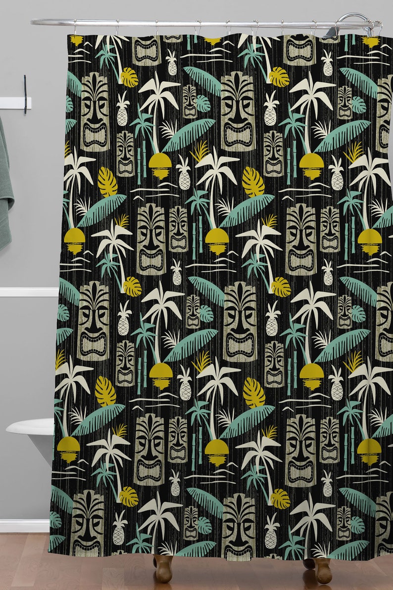 Tiki Shower Curtain, Mid Century Modern Bathroom Décor, Tiki Décor Black Shower Curtain - Image 2