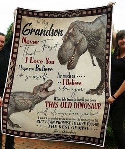 To My Grandson Old Dinosaur Believe In Yourself From Grandma Fleece Blanket Quilt Blanket Bedding Set