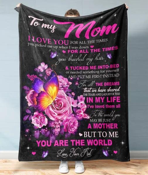 To My Mom You Are The World Butterfly Fleece Blanket For Mom From Kid To Mom