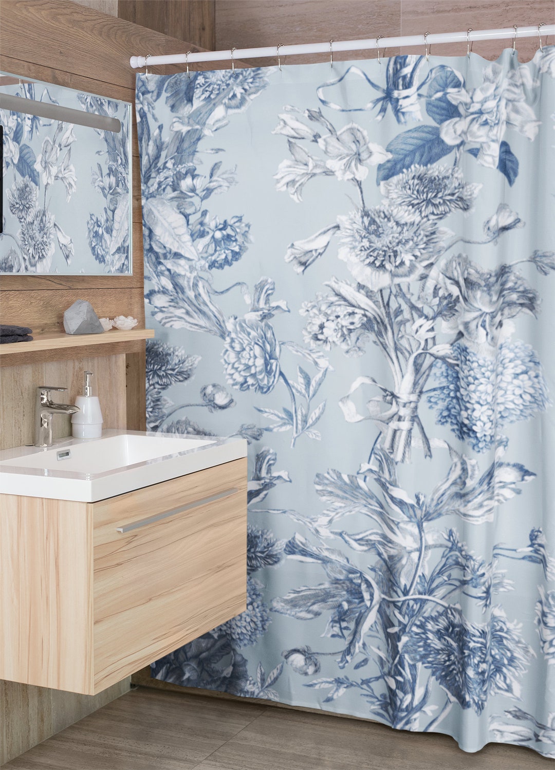 Toile Shower Curtain, Vintage Inspired Bathroom Decor, Floral Botanical Tub Curtain
