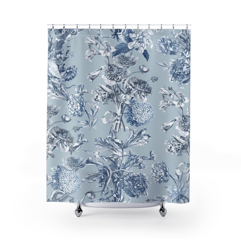 Toile Shower Curtain, Vintage Inspired Bathroom Decor, Floral Botanical Tub Curtain - Image 2