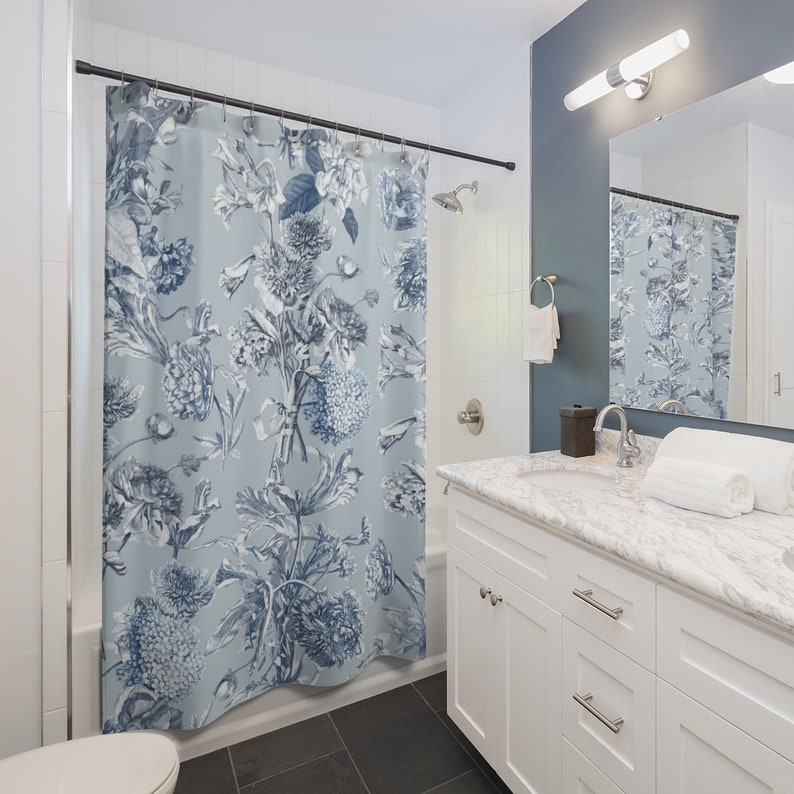 Toile Shower Curtain, Vintage Inspired Bathroom Decor, Floral Botanical Tub Curtain - Image 3